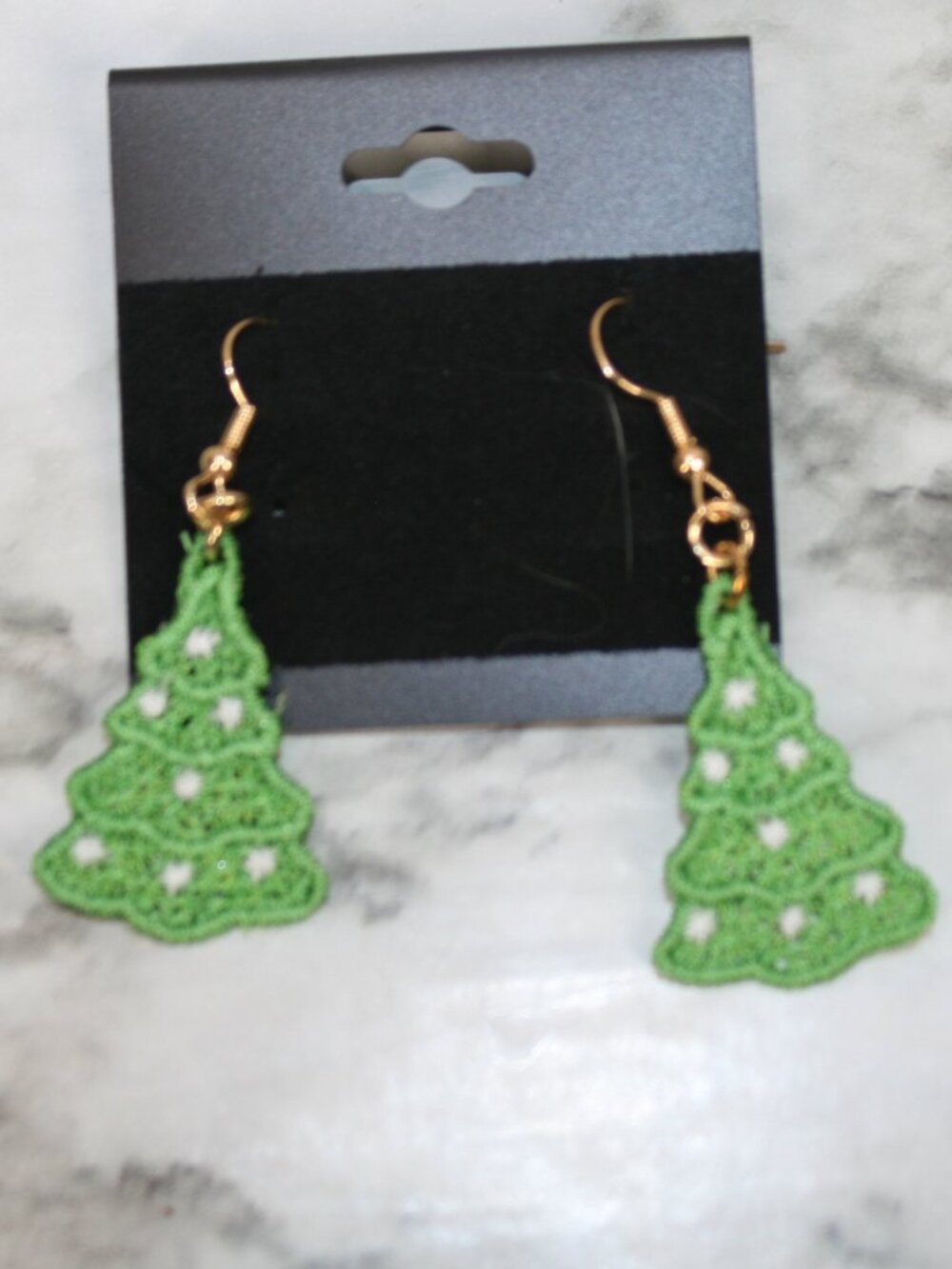HANDMADE Earrings Christmas Tree Holiday Embroidered Lace Pierced Green